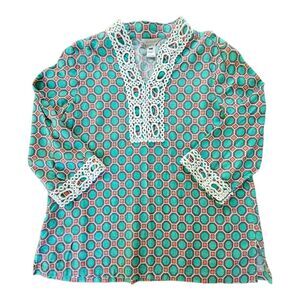 Multiples Teal Linen Blend Geometric Tunic Blouse Embroidered Size M Coastal